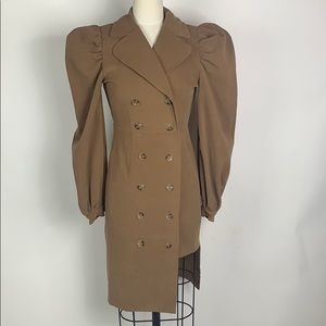Camel double breasted trench coat with puff sleeve